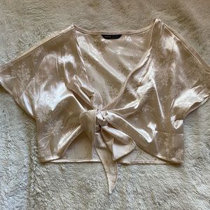 Beige Tie Front Floral Jacquard Satin Top
